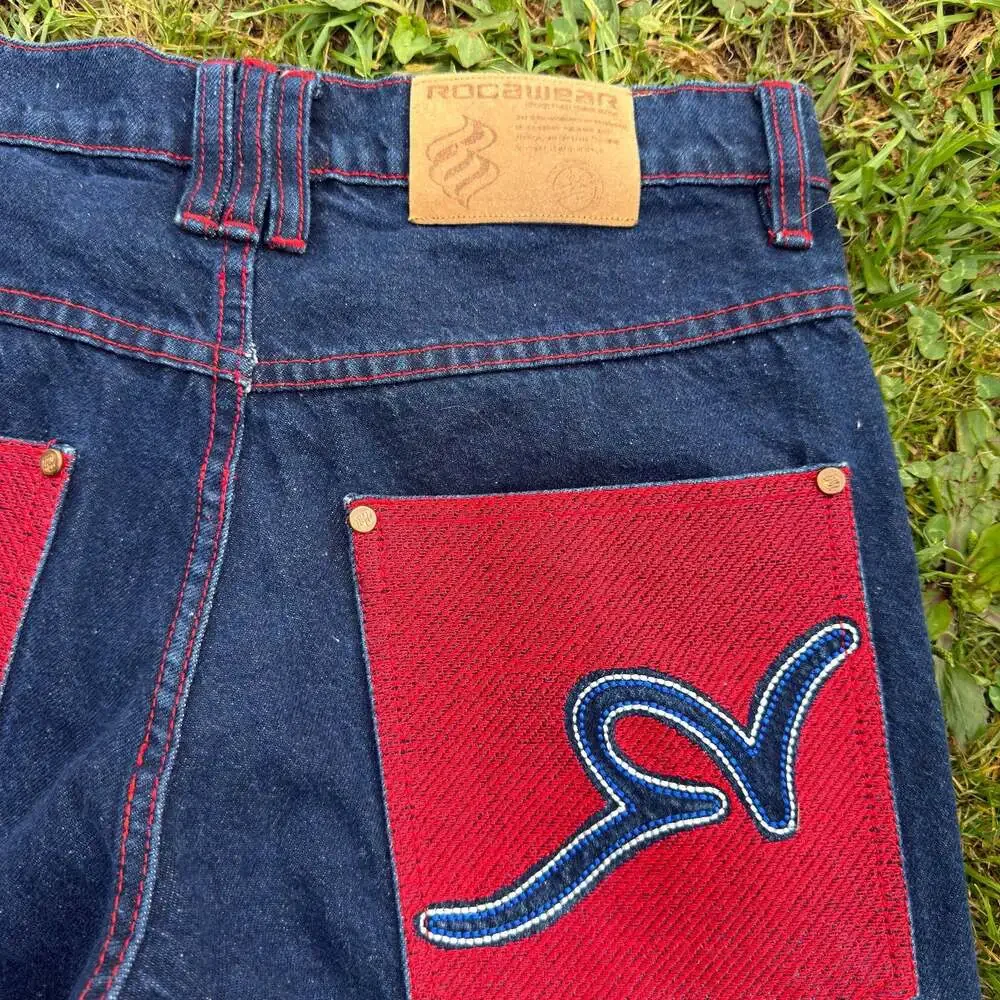 Essential Vintage Rocawear Y2K Baggy Denim Jorts with Embroidered Red Pockets